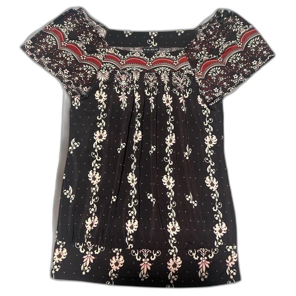 F.A.N.G Shirt Women’s Medium Brown Peasant Blouse Floral Y2K Boho USA Made Top